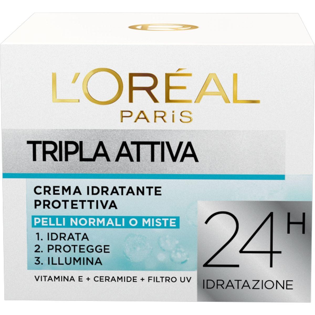 L`Oréal Paris Triple Active Tripla Attiva Crema Idratante Protettiva Pelli Normali O Miste, 50 ml