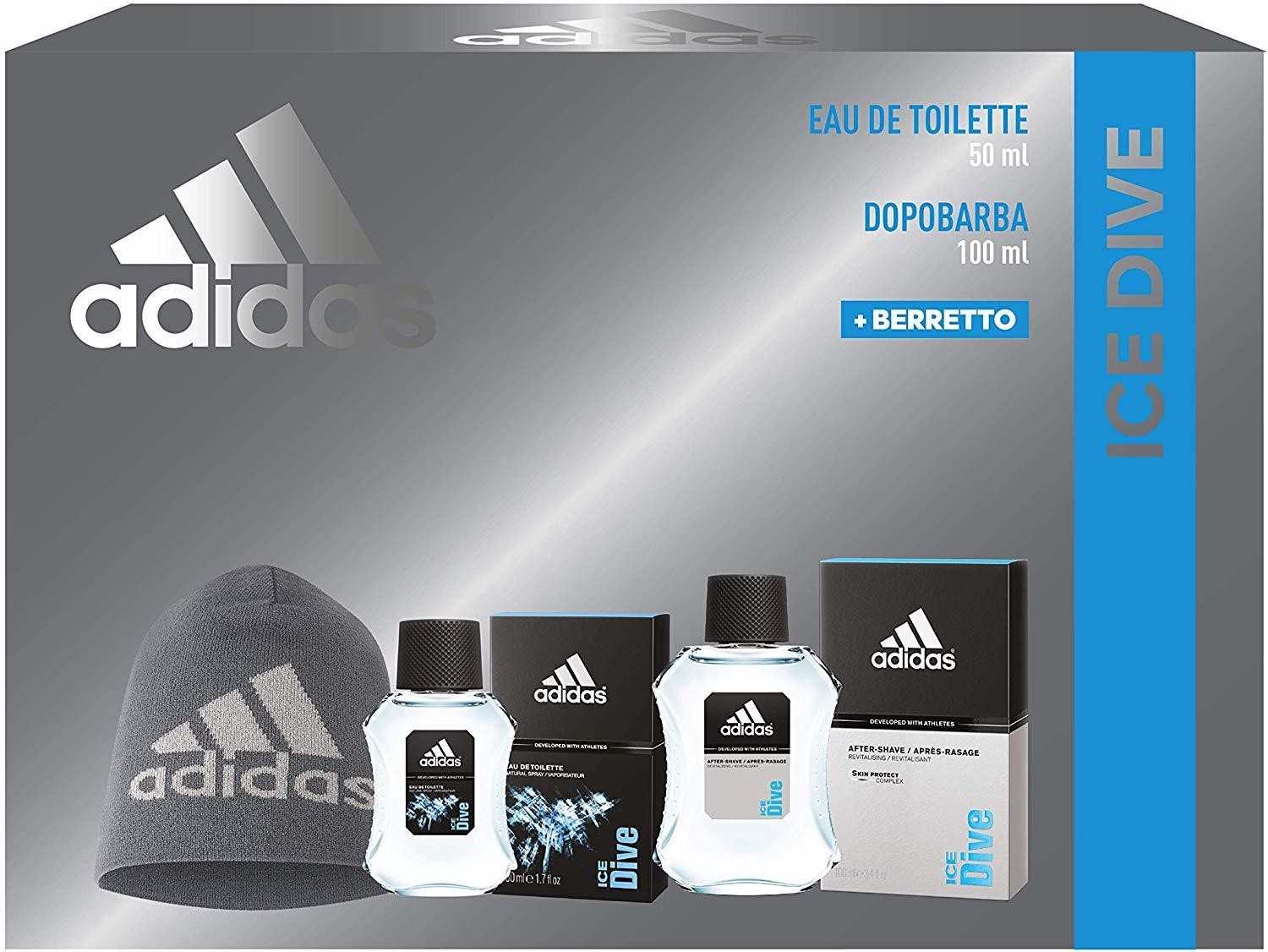 Adidas Confezione Regalo Uomo Ice Dive, Eau de Toilette 50 ml, Dopobarba  100 ml, Berretto di